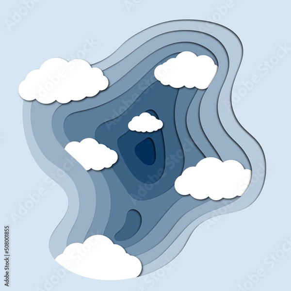 Fototapeta Cloudscape with paper cut effect. Blue sky. Space for text or image. Vector illustration.