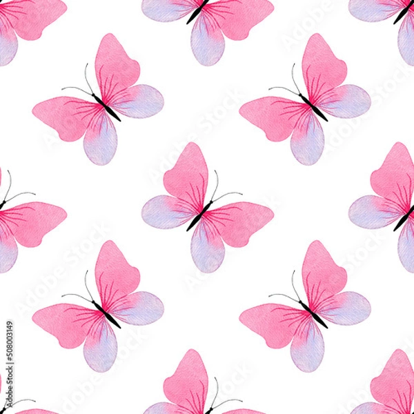 Fototapeta Pink watercolor butterflies isolated on a white background. Cute summer seamless pattern. Minimalist wallpaper and fabric texture