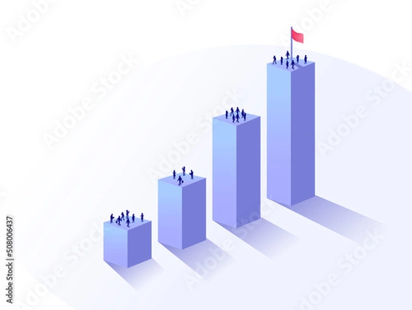 Fototapeta Growth and project milestone concept. Vector illustration of a 3D bar chart with people on top. Workforce aiming to reach a common organizational goal