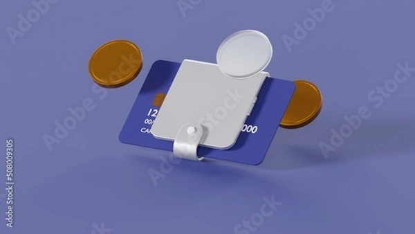 Fototapeta Wallet in the form of a mobile phone inside which is a credit card, with gold coins on an isolated background 3d render