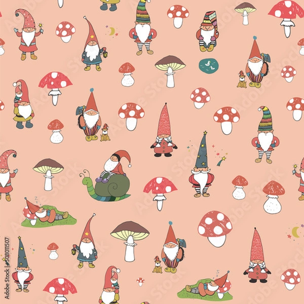 Fototapeta gnomes with houses and forest mushrooms vector seamless pattern