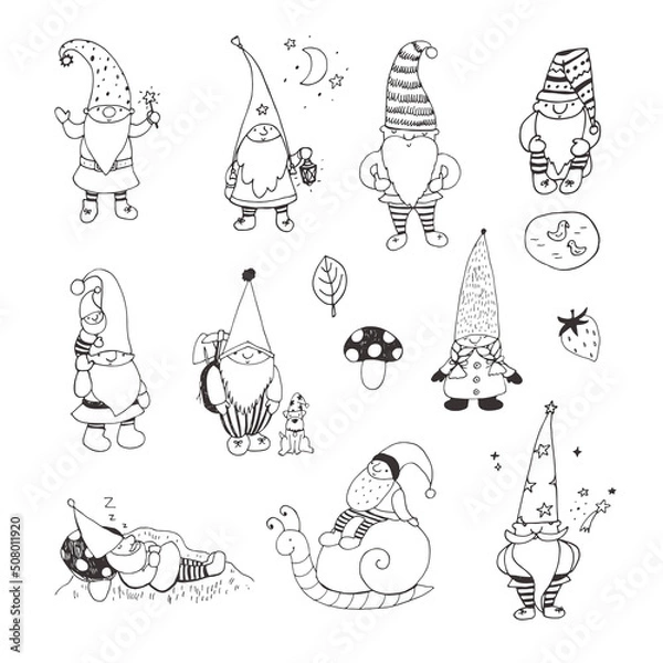 Fototapeta gnomes with houses and forest mushrooms vector illustrations set