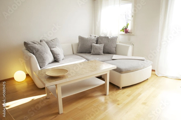 Obraz Design Wohnzimmer mit Tisch und Sofa