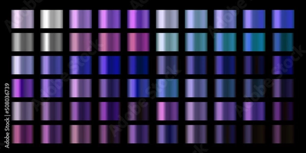 Obraz Gradients vector set. Vector neon chrome metal texture surface background swatch template. Metallic and chromium shade combination. Purple, lilac, violet neon chromium shades. Bright vibrant colors