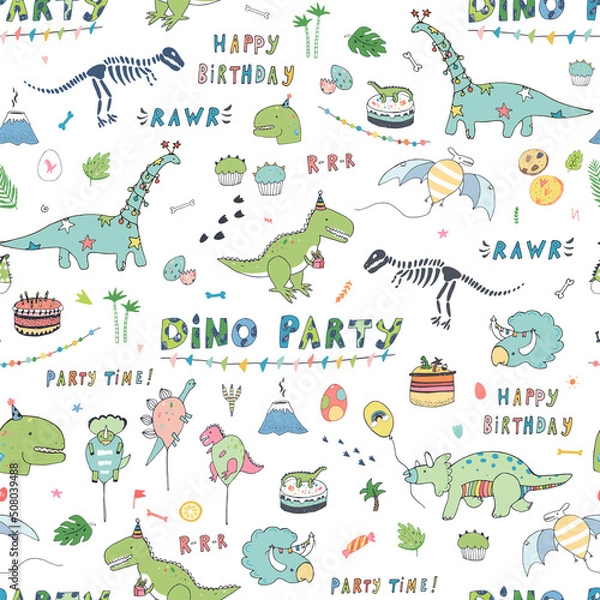 Obraz Birhday dinosaur celebration vector seamless pattern