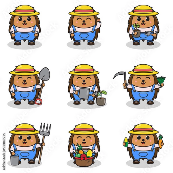 Fototapeta Vector Illustration of Cute Hedgehog with Farmer costume. Set of cute little Hedgehog characters. Collection of funny Hedgehog isolated on a white background.