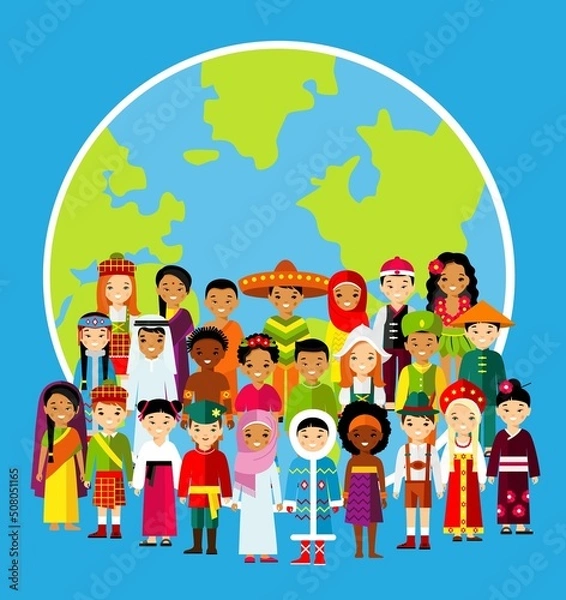 Fototapeta Vector illustration of multicultural national children, people on planet earth.
Set of international people in traditional costumes around the world.