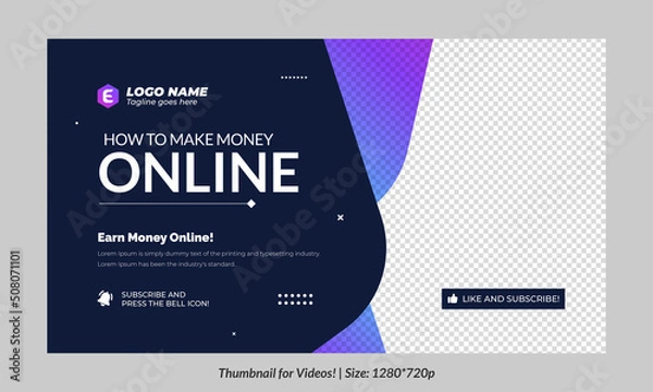 Fototapeta Editable thumbnail template for videos and all social platforms. Premium thumbnail for videos editable Premium Vector, customizable thumbnails. Fully customizable make money online thumbnail