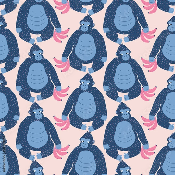 Obraz Happy blue gorillas and bananas hand drawn vector illustration. Funny safari animals seamless pattern for kids fabric or wallpaper.