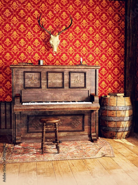 Obraz Piano with a stool, and a deer skull and barrel in a Wild West saloon. 3D render.