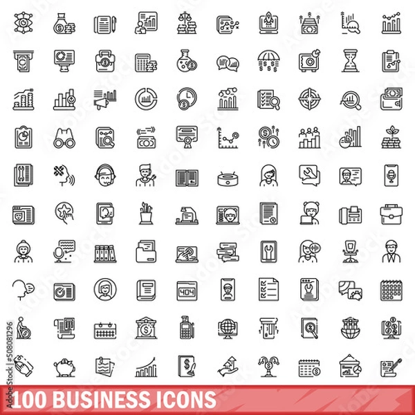 Obraz 100 business icons set. Outline illustration of 100 business icons vector set isolated on white background
