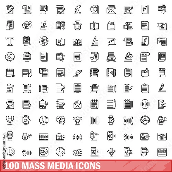 Fototapeta 100 mass media icons set. Outline illustration of 100 mass media icons vector set isolated on white background