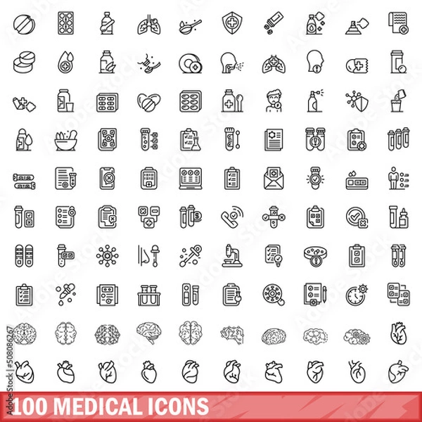 Obraz 100 medical icons set. Outline illustration of 100 medical icons vector set isolated on white background