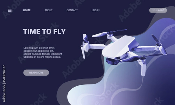 Fototapeta Landing page template of drone. Modern flat design concept of web page design for website and mobile website. Vector illustration quadcopter. Screen template for  smartphone, banner, flyer