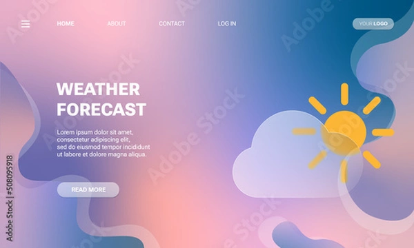 Fototapeta Landing page template of weather forecast concept. Vector illustration for websites, mobile applications, posters and banners. Transparent glassmorphism icon gradient and abstract background