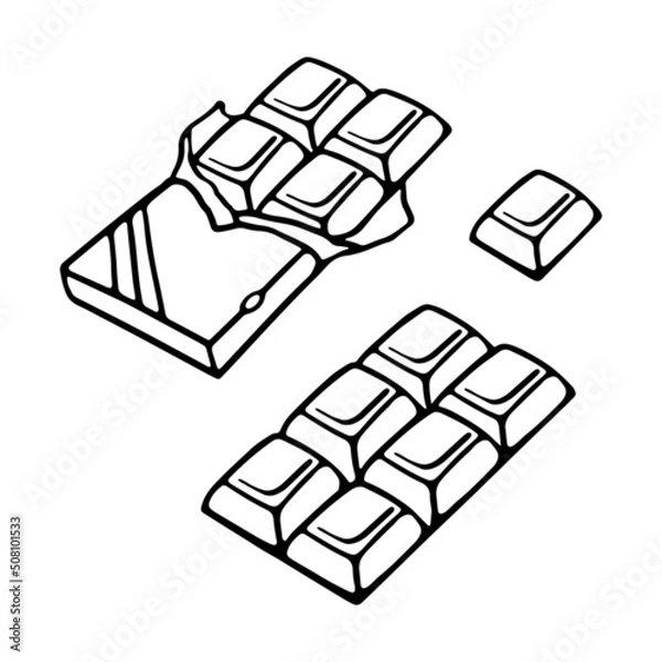 Obraz Set of Chocolate Bars. Wrapped in a packing chocolate bar, in unwrapped foil, with large pieces, a whole block. Hand-drawn engraving style Vector illustration