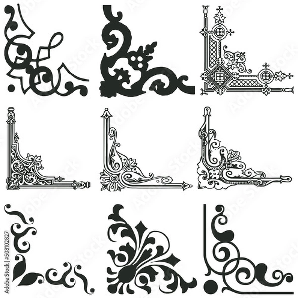 Obraz Ornamental linear corners. Vector calligraphic line corners for vintage frames illustration.