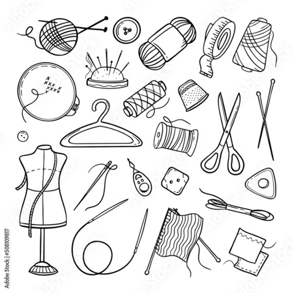 Fototapeta Needlework sewing knitting a large set of Hand made elements Vector illustration on a white background