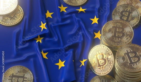 Fototapeta Bitcoin tokens and flag of the European Union EU. Cryptocurrency related 3D rendering