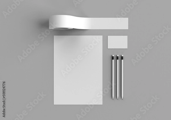 Fototapeta Base white stationery mockup template for branding identity on a gray background for graphic designers presentations and portfolios. 3D rendering.