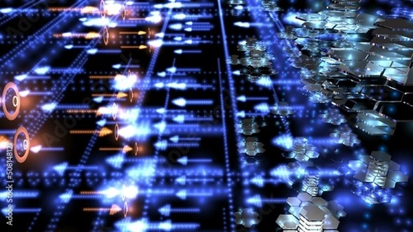 Obraz サイバー空間での電子戦。陣地とそれを守る前線の防衛線。データストレージを攻撃する電子的弾頭。