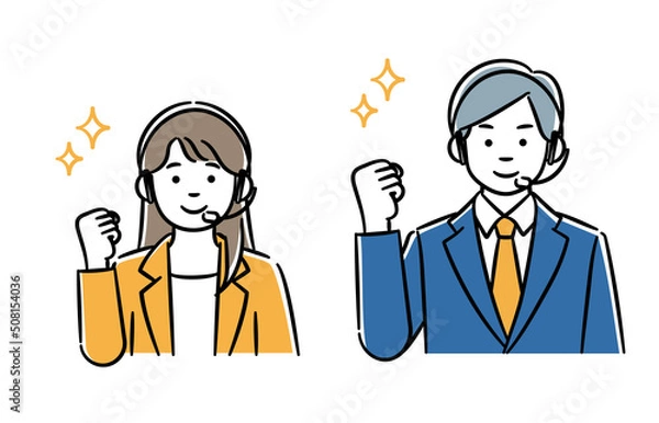 Fototapeta ガッツポーズをするコールセンター男女のシンプルイラストセット
