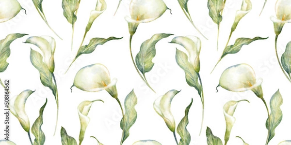 Fototapeta Watercolor hand drawn floral seamless pattern with delicate illustration of blossom white calla lily flowers, leaf. Elegant romantic elements isolated on white background. Beautiful summer wallpaper.