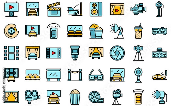 Fototapeta Drive-in cinema icons set outline vector. Drive auto. Car open thin line color flat on white