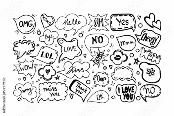 Fototapeta A set of speech bubbles with hand-drawn dialogue words in doodle style. Hello, love, sorry, love, I love you, kiss, no, bye, OMG, kiss trail, boom, lol. Speech patterns. Vector illustration.