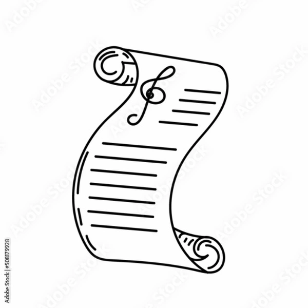 Obraz Paper rolled up with a treble clef, hand-drawn sketch style doodle. Monochrome palette. Vector simple illustration.