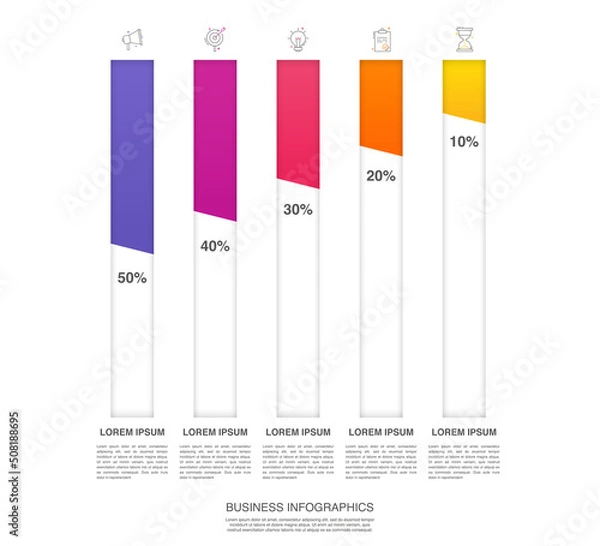 Fototapeta Vector infographic with five columns. Modern business concept graphic process template with 5 steps. Graphic timeline for app, website, interface, chart, levels, web, diagram, banner, presentations