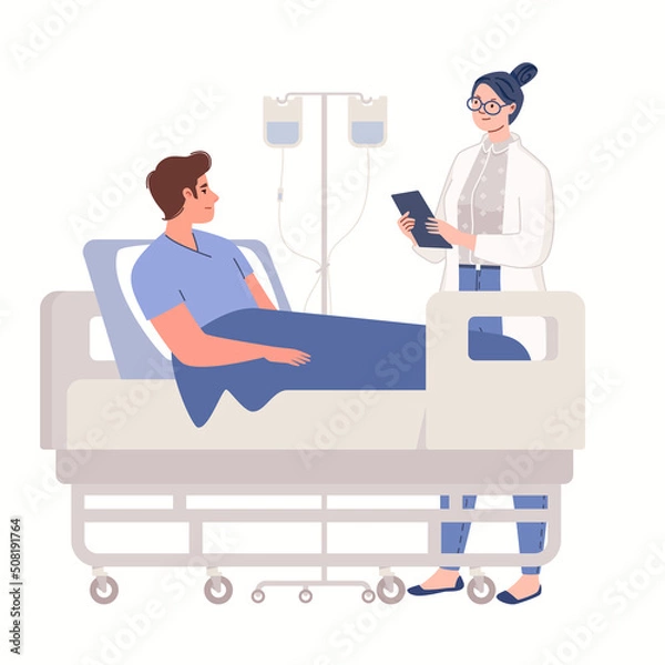 Fototapeta Doctor visits male patient in intensive care unit of hospital. Sad sick young man lies on bed with intravenous drip. Vector characters flat cartoon illustration.