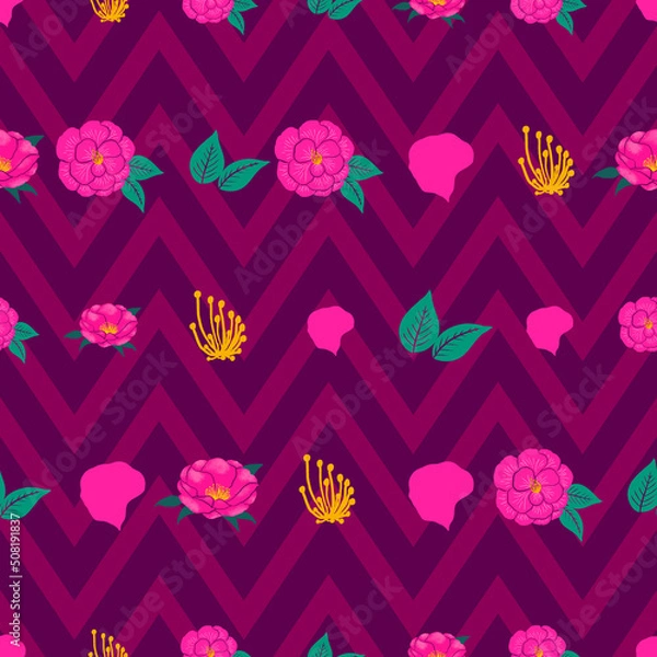 Obraz Camellia on chevron vector seamless pattern design