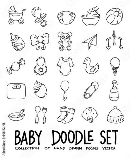 Obraz Baby Doodle vector icon set. Drawing sketch illustration hand drawn line eps10
