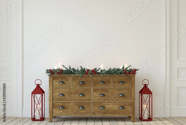 Obraz Interior mockup. Christmas farmhouse interior. 3d render.
