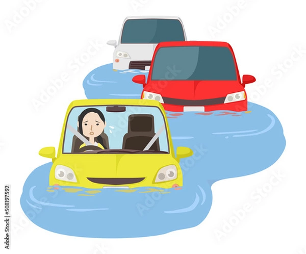 Obraz 冠水した道路で立ち往生する車列と女性
