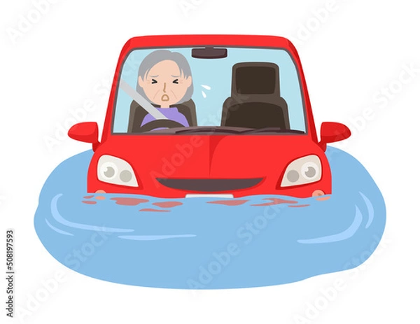 Fototapeta 冠水した道路で立ち往生する車と高齢女性
