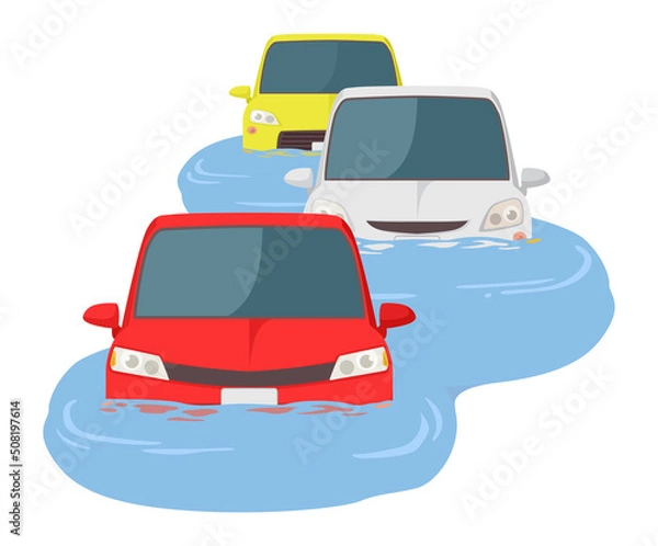 Fototapeta 冠水した道路で立ち往生する車列
