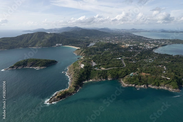 Fototapeta Aerial view Phomthep or Promthep cave icon of Phuket, Thailand. Aerial view Phromthep cave view point at Phuket,