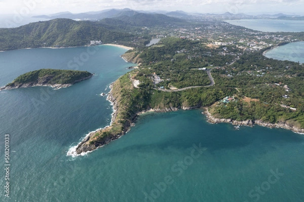 Fototapeta Aerial view Phomthep or Promthep cave icon of Phuket, Thailand. Aerial view Phromthep cave view point at Phuket,