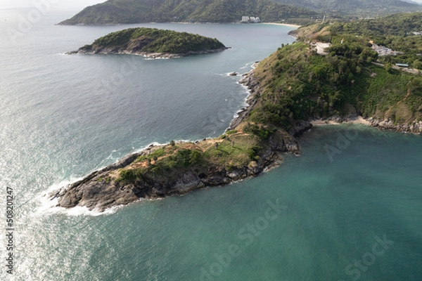 Fototapeta Aerial view Phomthep or Promthep cave icon of Phuket, Thailand. Aerial view Phromthep cave view point at Phuket,