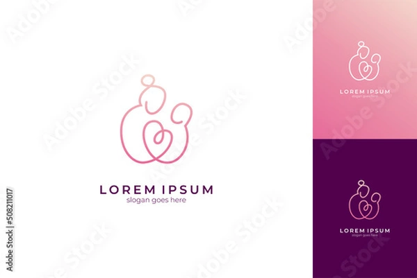 Fototapeta Mother and child logo with heart shape in the middle, linear line design style, simple and unique, available in several previews with different colors and backgrounds