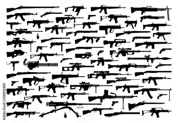Obraz Weapons silhouette set. Collection of various realistic firearms. Assult rifles, sniper rifles, shotguns, handguns, machine guns, historical guns & other. Vector illustration. Collection