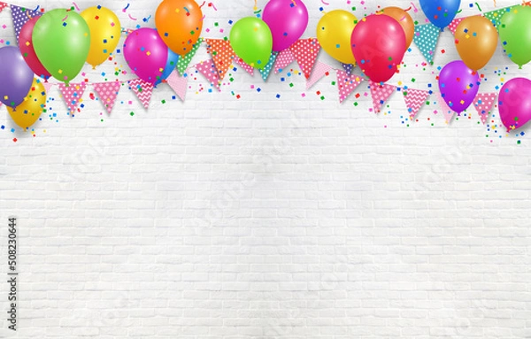 Fototapeta Colorful party balloons and flags hanging  with confetti and Ribbons on white wall background, birthday, anniversary, celebration event, festival greeting card background, scene for shooting.