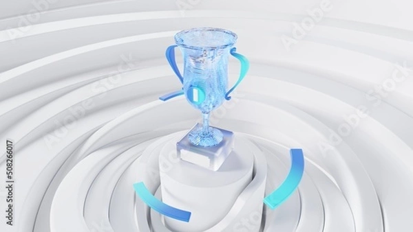 Fototapeta Glass luminous goblet on a light abstract background with rings 3d render