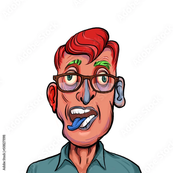 Fototapeta Caricature humor illustration of imaginary cartoon person with funny facial expression isolated on white background
