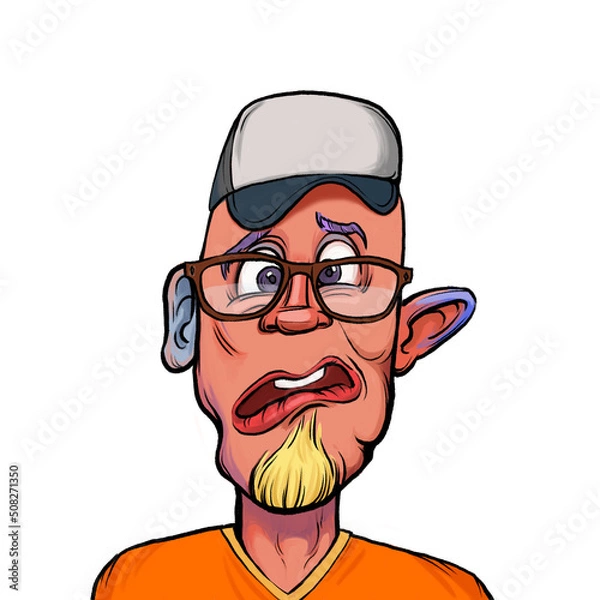 Fototapeta Caricature humor illustration of imaginary cartoon person with funny facial expression isolated on white background