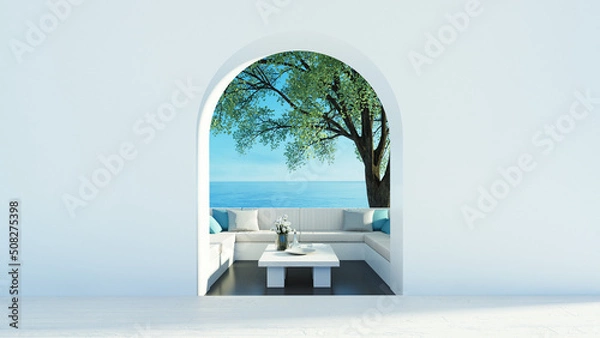 Fototapeta Sea view Beach luxury living - Santorini island style - 3D rendering