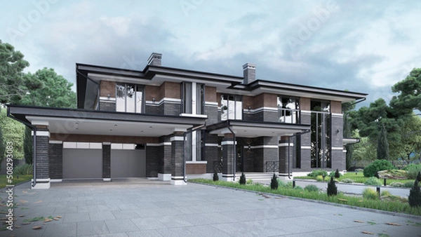 Fototapeta Wright style house. Beautiful landscape and wonderful outlook. Located in a picturesque area. 