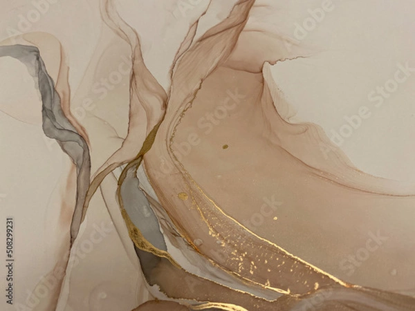 Obraz Abstract beige art with gold — pink background with brown, beautiful smudges and stains made with alcohol ink and golden pigment. Beige fluid art texture resembles petals, watercolor or aquarelle.